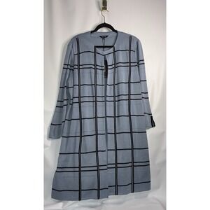Misook Long Cardigan Jacket Light Blue Black Window Plaid Sz Xl Travel Office